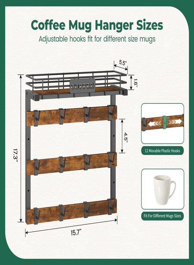 EsLuker.ly Coffee Mug Holder Wall Mounted Display Rack, Black Metal Cup Hanger Organizer with 12 Movable Plastic Hooks, Wood Rustic Shelf for Coffee Bar Home Kitchen, Thoughtful Wall Storage - Image 2